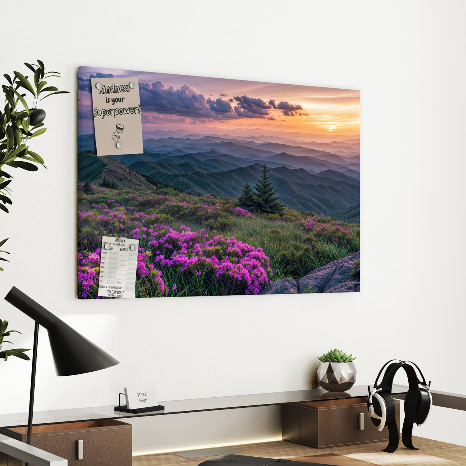 Magnetická tabule s motivem Horská krajina s květinami 60 x 40