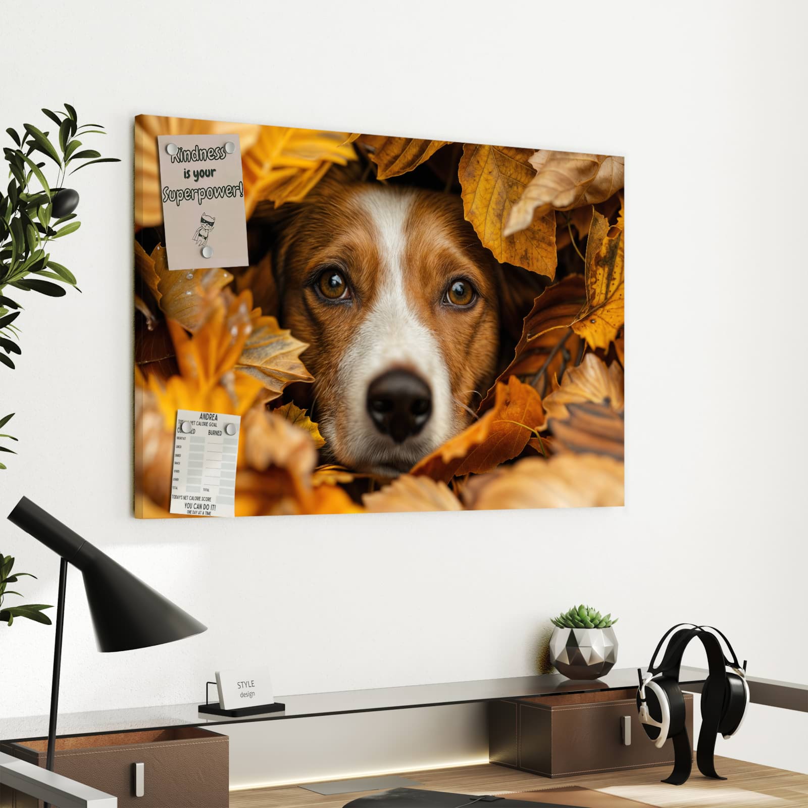Magnetická tabule s motivem Pes v podzimním listí 60 x 40