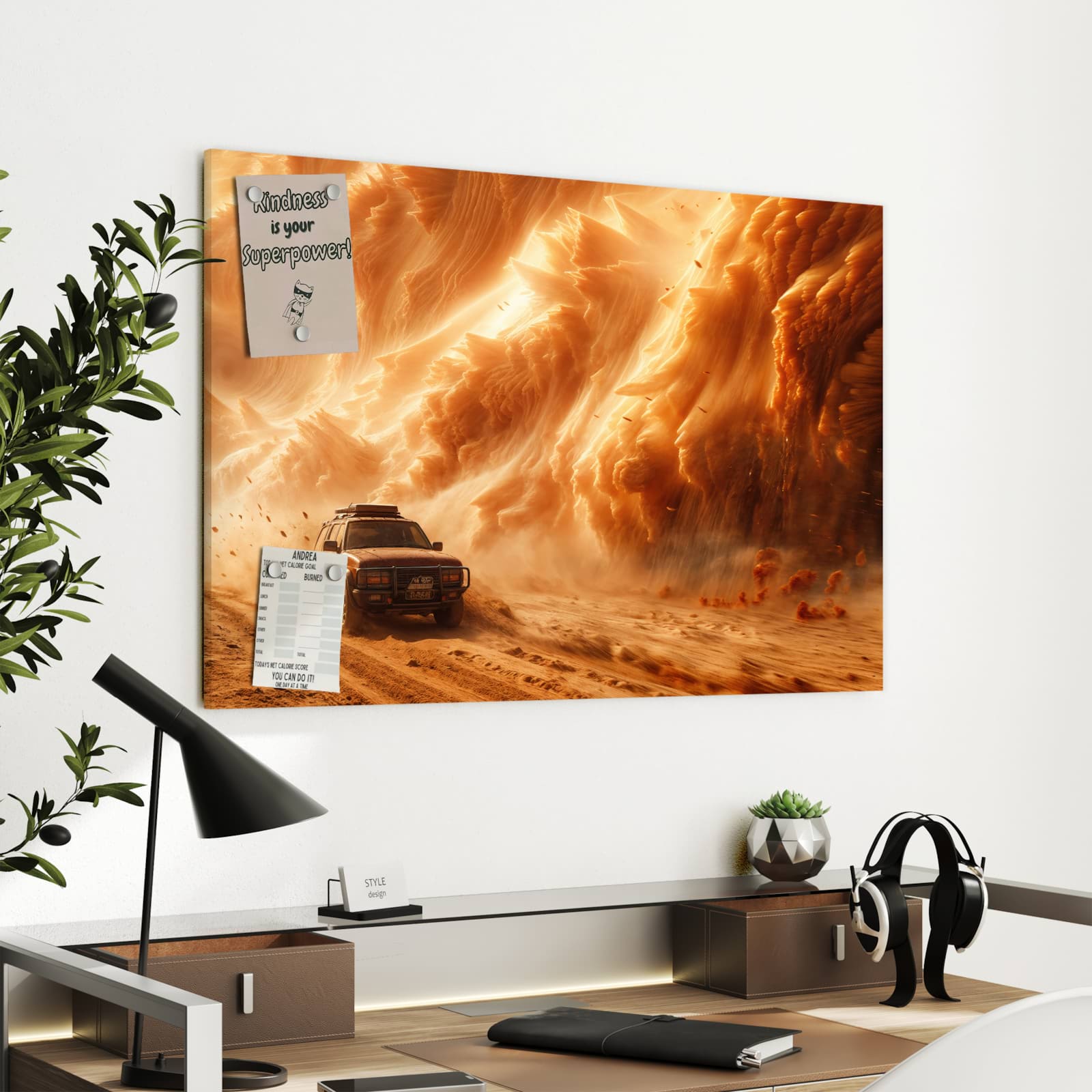 Magnetická tabule s motivem Jeep v písečné bouři 90 x 60 