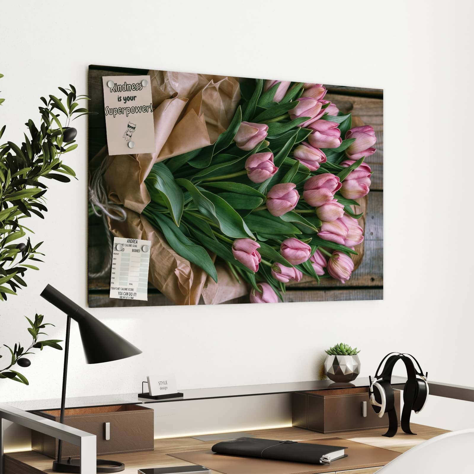 Magnetická tabule s motivem Růžová kytice tulipánů 90 x 60