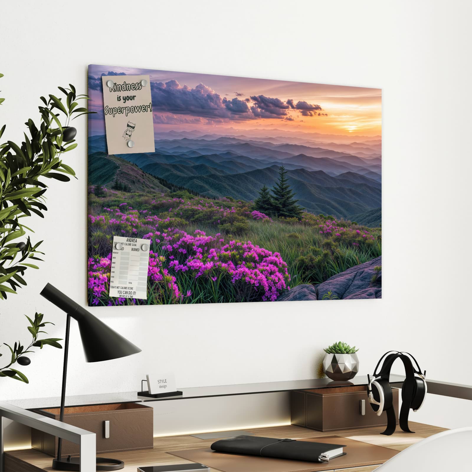 Magnetická tabule s motivem Horská krajina s květinami 90 x 60