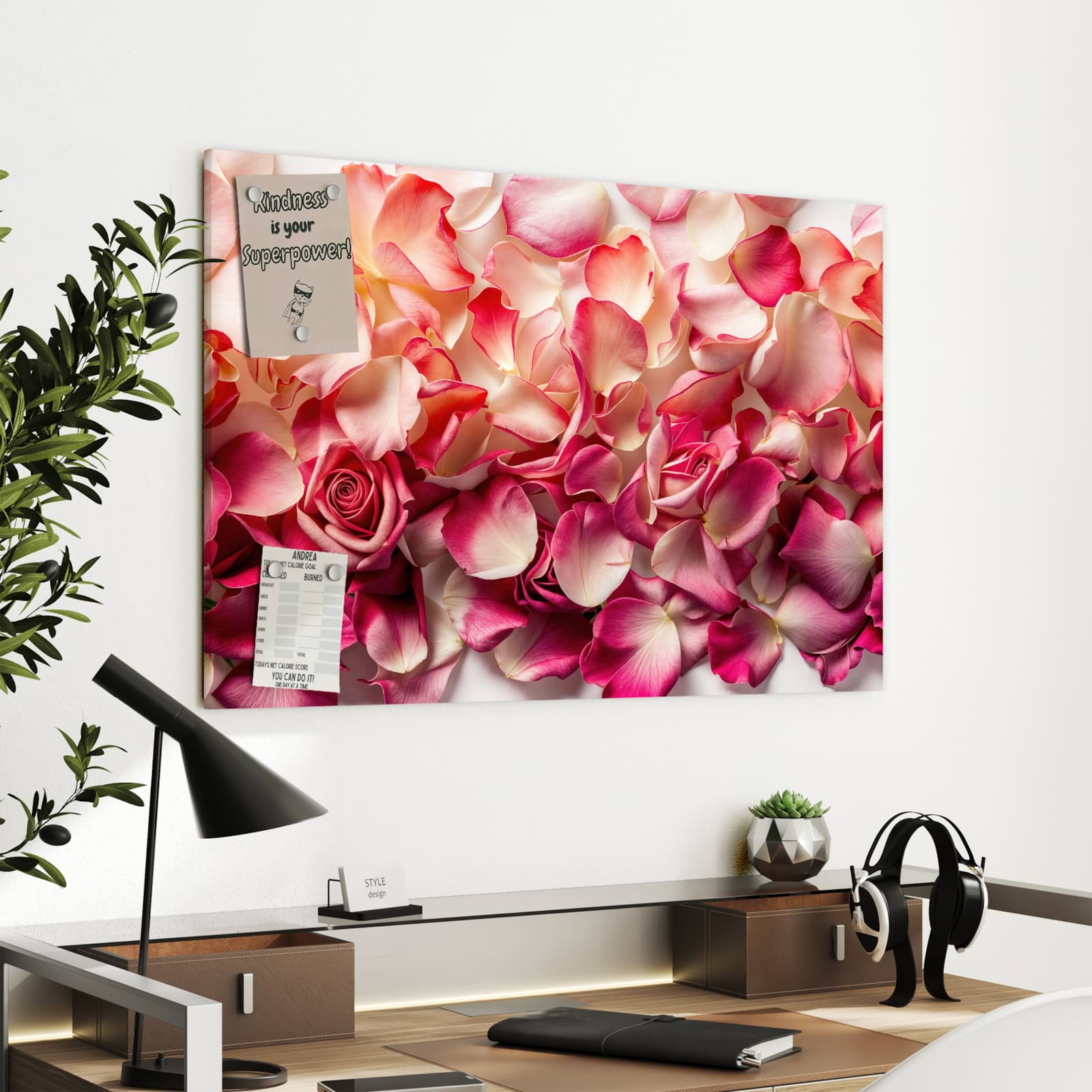 Magnetická tabule s motivem Barevné lístky růží 90 x 60
