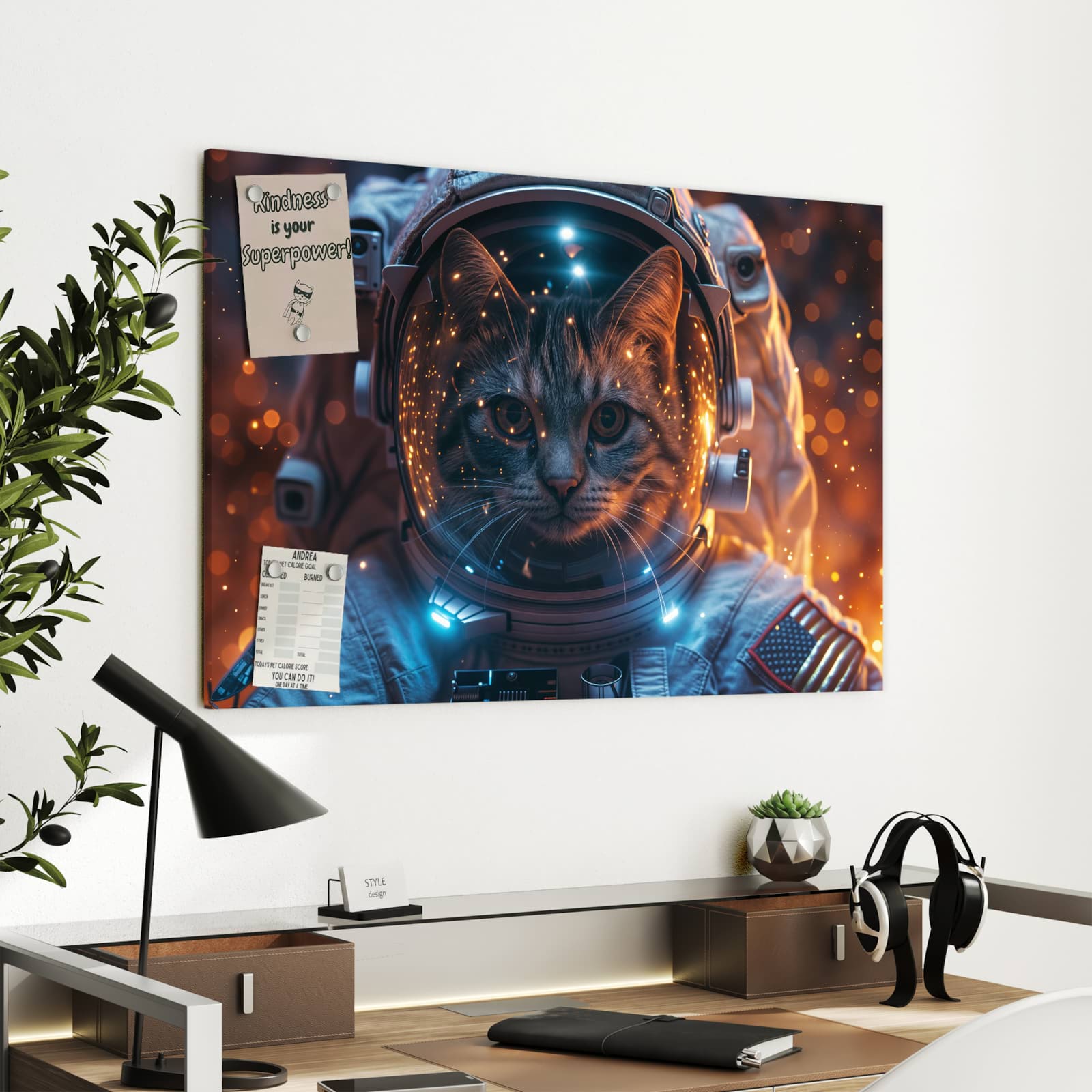 Magnetická tabule s motivem Kočka ve skafandru 90 x 60