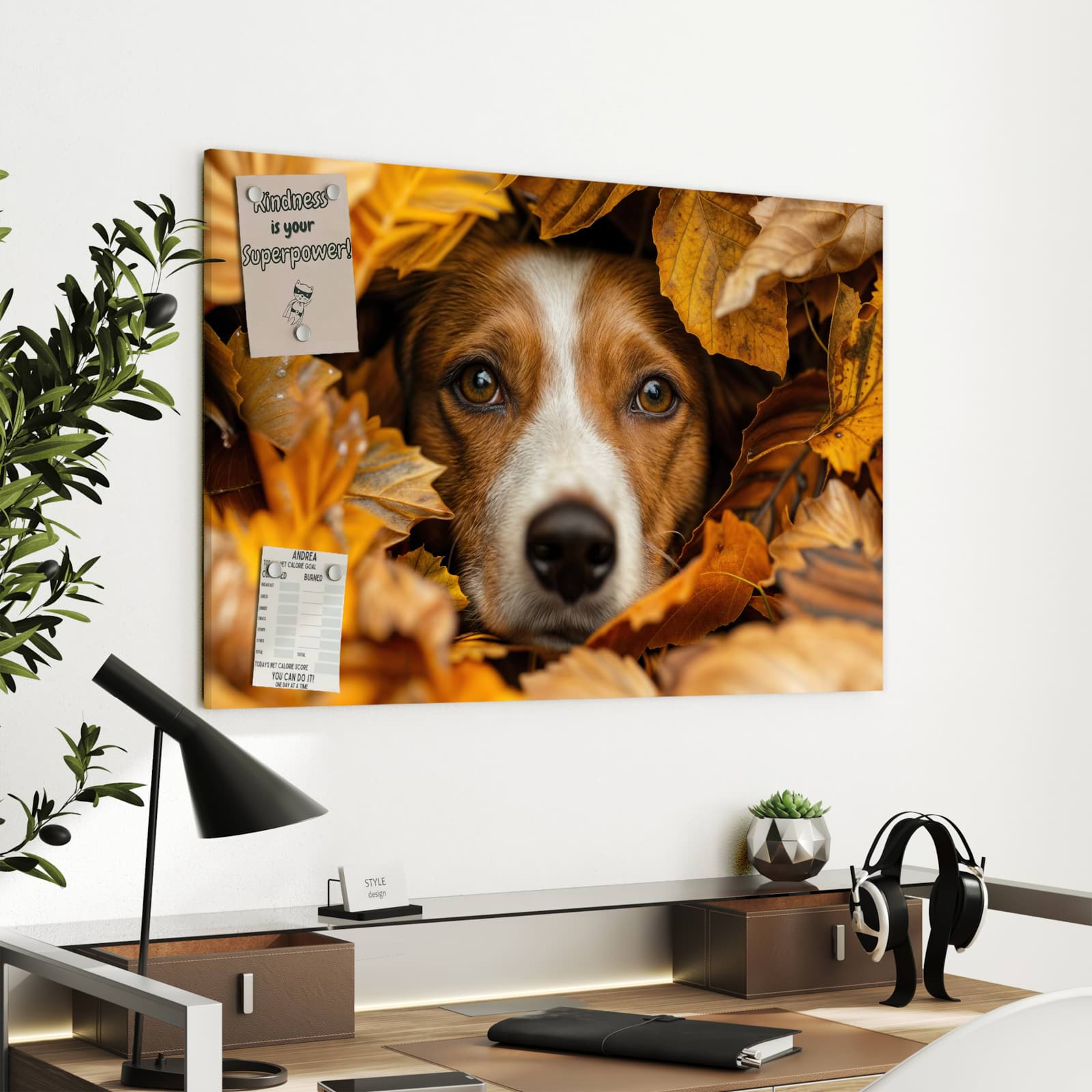 Magnetická tabule s motivem Pes v podzimním listí 90 x 60