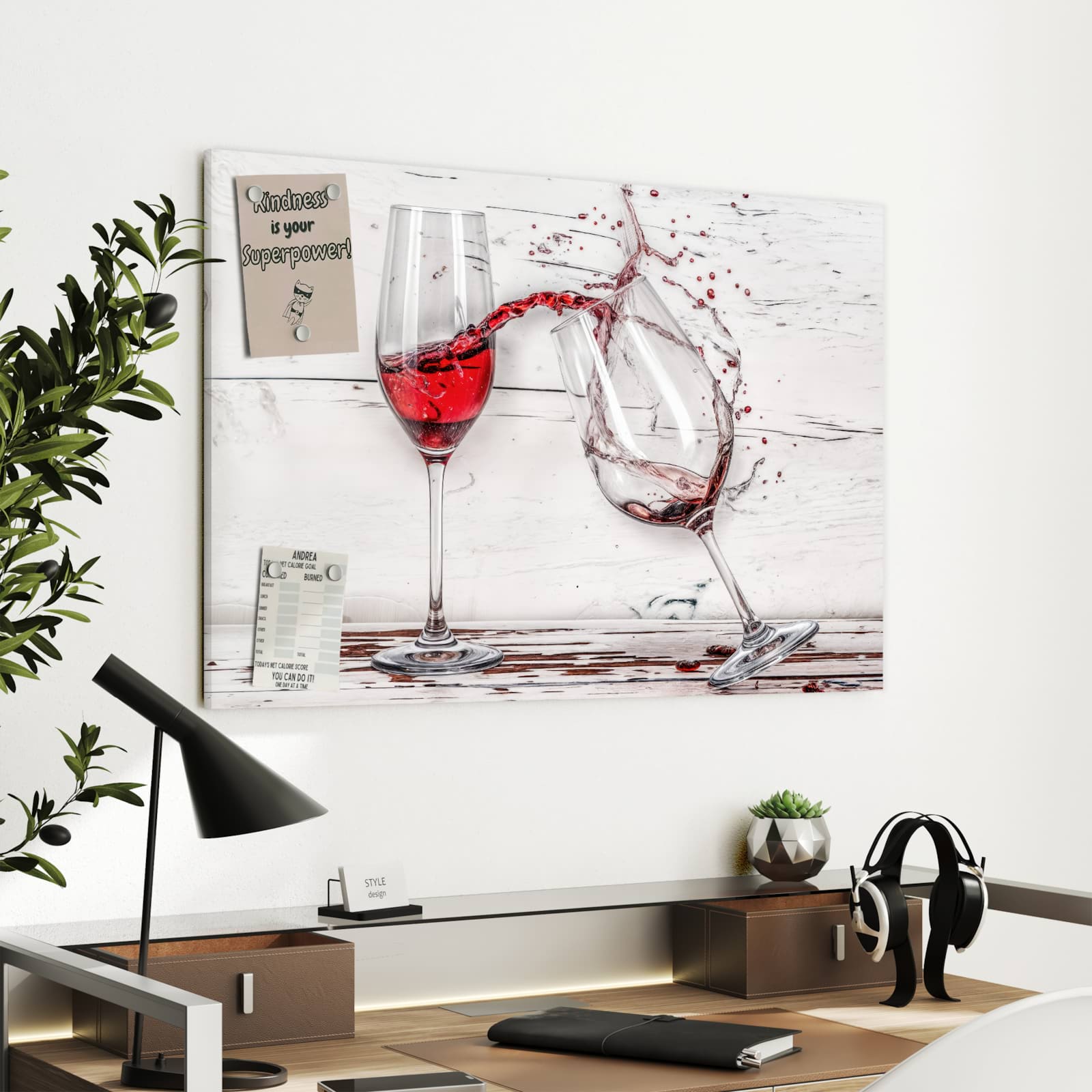 Magnetická tabule s motivem Sklenice červeného vína 90 x 60
